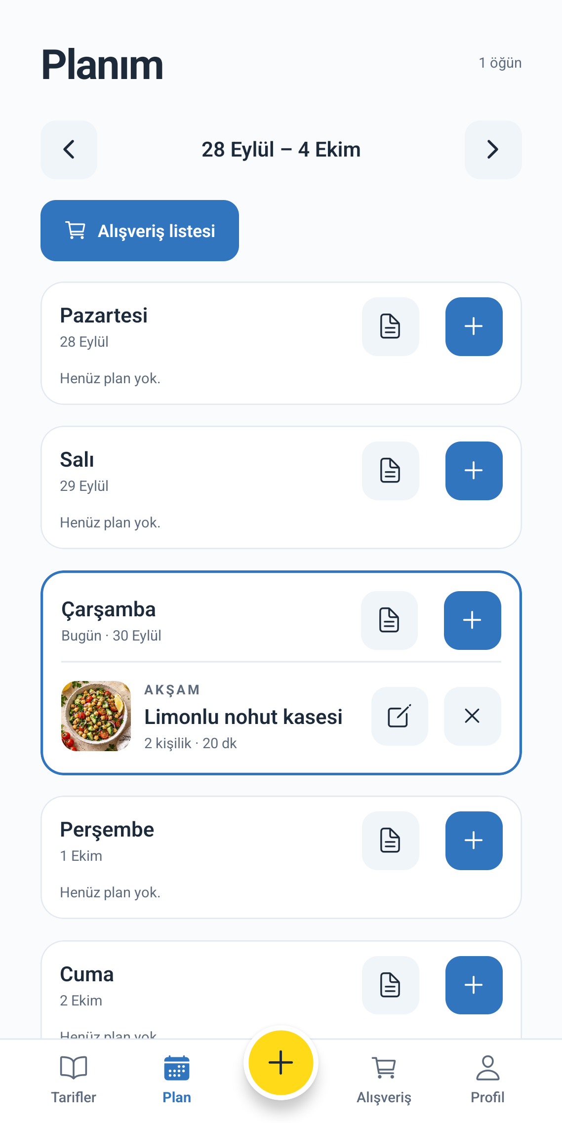 Tarifino haftalık öğün planı — gerçek Android uygulama ekranı